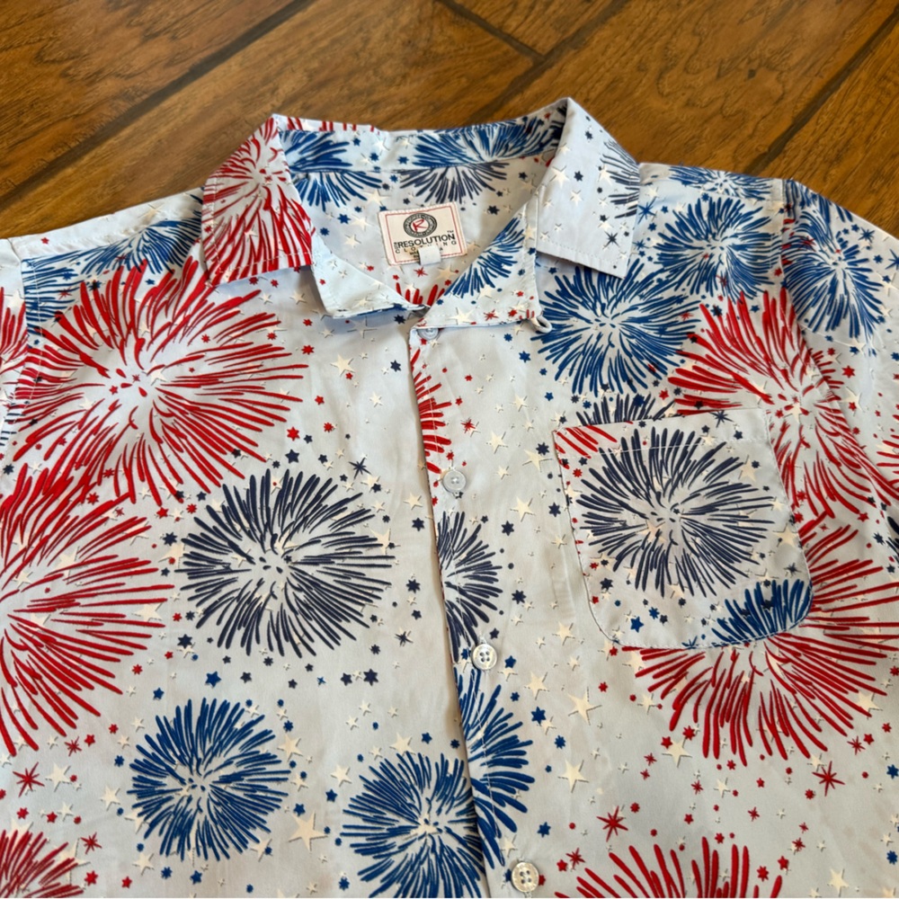One Resolution Fireworks shirt mens M button up polo 4th of July red blue summer - Picture 2 of 8